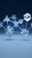 Abstract geometric shapes connected by glowing network lines representing blockchain technology, cryptocurrency mining, and digital data visualization.