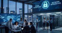 Business team analyzing cybersecurity data in modern office with network integration technology and secure connections interface.