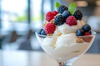 Fresh mixed berries with vanilla ice cream dessert in elegant glass, topped with raspberries, blueberries and blackberries on creamy white base.