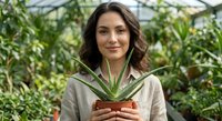 Young woman holding potted aloe vera plant in greenhouse, smiling at camera. Sustainable gardening and indoor plant care concept for home decoration.