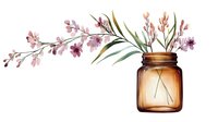 Watercolor pink orchids in amber glass mason jar, delicate floral arrangement with green leaves on white background, botanical illustration for home decor.