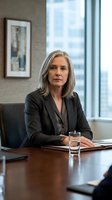Professional mature businesswoman with gray hair sitting at conference table in modern office boardroom during corporate meeting.