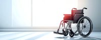 Empty red wheelchair in bright minimalist room near window with sunlight, symbolizing healthcare, accessibility, and medical support for disabled patients.