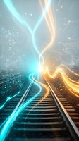Futuristic railway tracks with glowing cyan and golden light trails, digital circuit patterns, symbolizing speed, technology, and innovation in transportation.