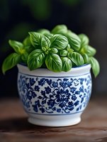 Fresh basil leaves growing in traditional blue and white ceramic pot with floral pattern, dark background creates dramatic kitchen scene.