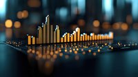 Glowing golden bar graph visualization with depth of field effect on dark background showing financial data analysis and business growth statistics.