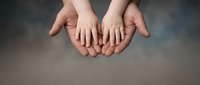 Adult and child hands cupped together in protective gesture symbolizing care, support, family bond and generational connection on soft background.