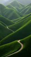 Lone hiker in red jacket walking winding path through dramatic green rolling hills covered in lush grass, creating mesmerizing curves and layers in morning light.