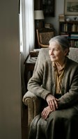 Senior Caucasian woman in cozy cardigan sitting thoughtfully in armchair by window in warm home library setting with books and natural light.
