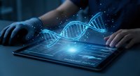 Hands touching digital tablet displaying glowing DNA double helix hologram with data visualization elements for genetic research and biotechnology applications.