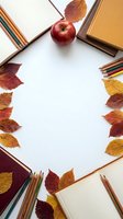 Back to school autumn composition with red apple, colored pencils, notebooks and fall leaves on white background for educational projects.