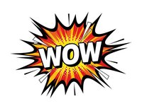 Comic book style wow explosion burst with dynamic rays and bold lettering on transparent background for graphic design projects.