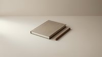Minimalist beige notebook with wooden pencil on neutral background for office workspace, stationery design, and creative writing projects.