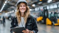 Young blonde woman warehouse worker wearing safety helmet holding clipboard smiling in industrial facility with forklifts in background.