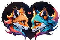 Romantic fox couple illustration in heart shape frame, featuring vibrant orange and blue foxes with fantasy style fur design, perfect for valentine cards and love themes.