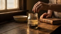 Person putting coins into glass jar labeled savings on wooden table near window for financial planning and money management goals.
