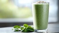 Refreshing green smoothie with fresh spinach leaves, topped with chia seeds in tall glass. Healthy breakfast drink against blurred background. Perfect for wellness content.