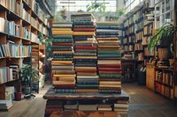Tall stack of vintage hardcover books arranged on wooden table in cozy library interior with bookshelves and natural lighting, creating atmospheric study environment.