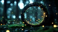 Magical glowing orb with golden lights floating inside transparent sphere surrounded by moss and forest bokeh backdrop.