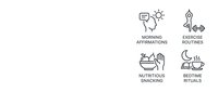 Morning routine wellness icons featuring affirmations, exercise, healthy snacking and bedtime rituals for lifestyle design and self-care applications.