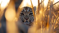 Young leopard cub face peering through golden grass at sunset, with intense blue eyes and spotted fur pattern creating dramatic wildlife portrait in warm light.
