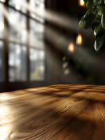 Rustic wooden table surface with natural grain texture in warm lighting, green leaves and window reflections create cozy restaurant atmosphere. Selective focus background.
