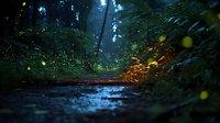 Enchanted forest path with glowing fireflies illuminating dark woodland stream at night, magical nature scene.