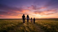 Family of four walking through golden grassland at sunset, silhouetted against vibrant orange and purple sky, ideal for lifestyle and nature themes.