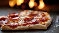 Fresh pepperoni pizza with melted cheese on rustic wooden surface, warm bokeh lights in background create cozy restaurant atmosphere.