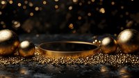 Golden Christmas ornaments and glittering decorations on dark background with bokeh lights creating magical holiday atmosphere for festive designs.
