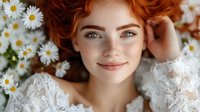 Young woman with red hair and freckles smiling gently while lying among white daisies, wearing delicate lace dress. Natural beauty and spring portrait concept.