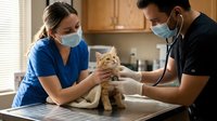 Two veterinarians in medical masks examining orange tabby kitten during health checkup at modern animal clinic with professional equipment.