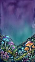 Magical mushroom forest with glowing fungi and botanical elements on gradient purple to teal watercolor background. Fantasy woodland scene for creative design projects.