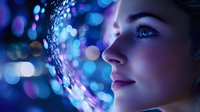 Side profile portrait of young woman illuminated by glowing blue and purple bokeh lights creating magical atmosphere, digital art style composition.
