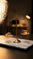 Golden brass scales of justice with heart and coins on marble surface in warm ambient lighting representing balance between love and money.