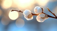 Cotton plant branch with soft white bolls against blurred golden bokeh background in warm sunset light, creating dreamy natural atmosphere.