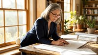 Professional mature Caucasian businesswoman with glasses reviewing architectural blueprints at wooden desk in bright office with large windows and plants.