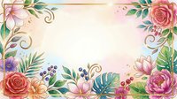 Watercolor floral frame with roses, tropical leaves, and golden swirls on a soft pastel background, perfect for wedding cards and invitations.