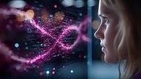 Young woman observing glowing pink DNA helix structure with particles and bokeh effects against dark background, representing genetic research and biotechnology.