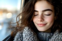 Young woman with closed eyes smiling peacefully while wearing cozy gray knit sweater by window. Relaxation and contentment concept for wellness lifestyle.