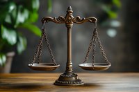 Decorative brass scales of justice on wooden table against dark background with bokeh effect, symbol of law, judgment and balance in legal system.