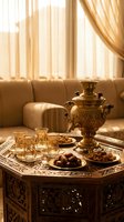 Traditional brass samovar with ornate tea glasses and dates on carved wooden table in warm sunlit living room with golden curtains and comfortable sofa.