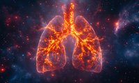 Glowing orange human lungs with fiery energy effect against dark cosmic background with stars and nebula, medical science visualization concept.