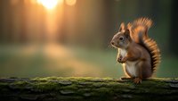 Red squirrel sitting on mossy log during golden hour sunset, wildlife photography with warm backlighting and natural forest background for nature content.