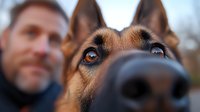 Close-up portrait of German Shepherd dog nose and eyes with blurred male owner in background, showing bond between pet and human companion.