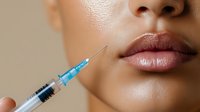 Close up of syringe with dermal filler near plump glossy lips on smooth African American skin against neutral beige background, beauty treatment concept.