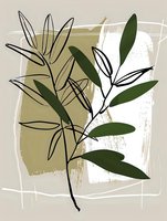 Minimalist botanical line art featuring olive branch with green leaves on textured beige background, combining detailed and outline elements for modern wall decor.
