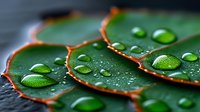 Fresh water droplets on green leaf surface with orange edges, macro photography showing nature details in dark moody atmosphere. Suitable for wellness and spa designs.