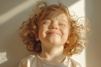 Joyful young child with curly blonde hair smiling with eyes closed in warm sunlight, wearing white t-shirt, expressing pure happiness and carefree childhood moments.