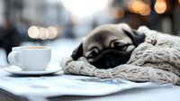 Sleepy pug puppy resting on cozy knitted sweater next to white coffee cup, creating atmospheric morning mood with blurred bokeh city lights background.